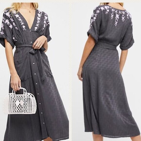 NWT FREE PEOPLE Love to Love You Midi Dress with Pockets - S - Gray Purple, Belt - Picture 2 of 6